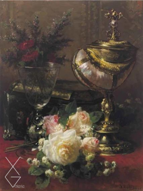 Tranh A Bouquet of Roses and other Flowers in a Glass Goblet with a Chinese Lacquer Box and a Nautilus Cup on a red Velvet draped Table - Jean-Baptiste Robie