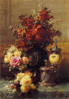 Tranh Still Life of Roses and Other Flowers, a Silver-gilt Ostrich Egg Cup and a German Gold-gilt Tankard on a Draped Table in an Interior - Jeans-Baptiste Robie