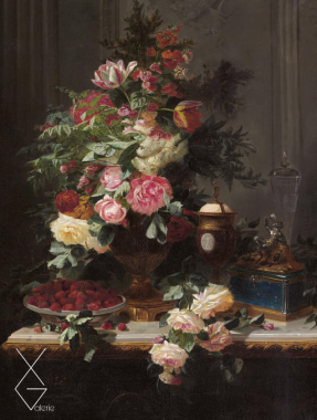 Tranh Still Life with Roses and Wild Strawberries 1863 - Jeans Baptiste Robie