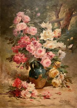 Tranh hoa sơn dầu Émile GODCHAUX - Bouquet of Roses, Huile sur Toile