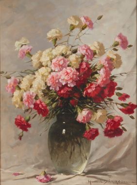 Tranh hoa sơn dầu Carnations in a glass vase-Adrienne Deak Henczne - 1890-1956