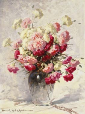 Tranh hoa sơn dầu Flower Still Life with Pearl Necklet - Adrienne Henczné Deák