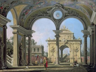 Tranh Capriccio of a triumphal arch seen through an ornate archway - 1750 - GIOVANNI ANTONIO CANAL - CANALETTO