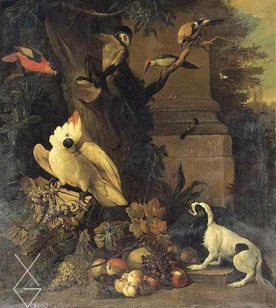 Tranh A Monkey, a Dog and Various Birds in a Landscape XVIII - Tobias Stranover