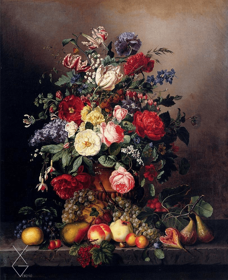 Tranh A Still Life With Assorted Flowers, Fruit And Insects On A Ledge - 1866 - Amalie Karcher