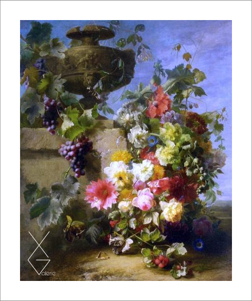 Tranh Still Life of Roses, Morning Glories, Chrysanthemums, Forget-me-nots, Grapes and Raspberries by a decorative stone Urn on a Ledge in a Landscape - Jean-Baptiste Robie