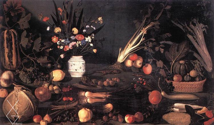 Tranh Still Life with Flowers and Fruit- Michelangelo Merisi da Caravaggio