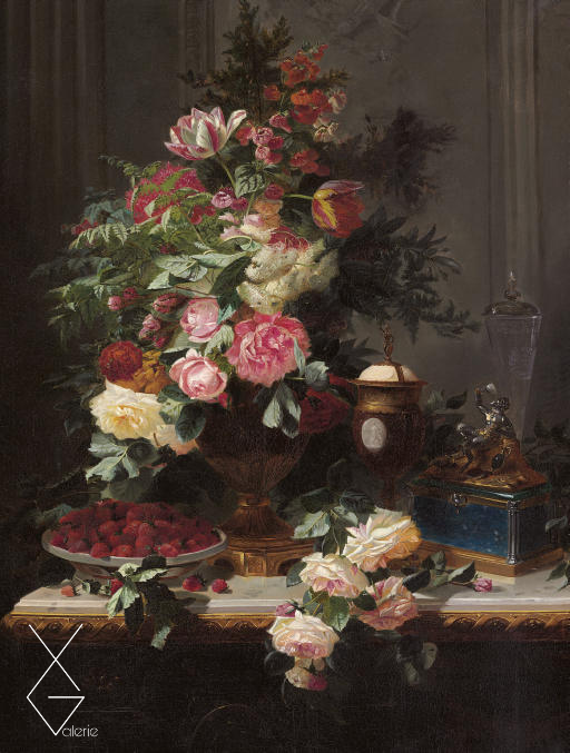 Tranh Still Life with Roses and Wild Strawberries 1863 - Jeans Baptiste Robie