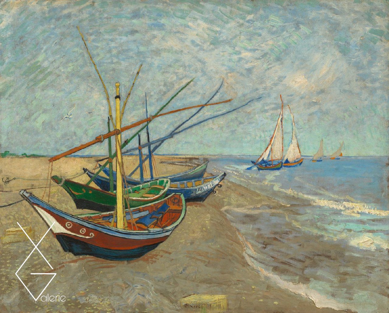 Tranh Fishing Boats On The Beach At Saintes Maries - 1888- “ Những con tàu đánh bắt cá trên bờ biển tại Saintes Marie ” - Vincent Willem Van Gogh