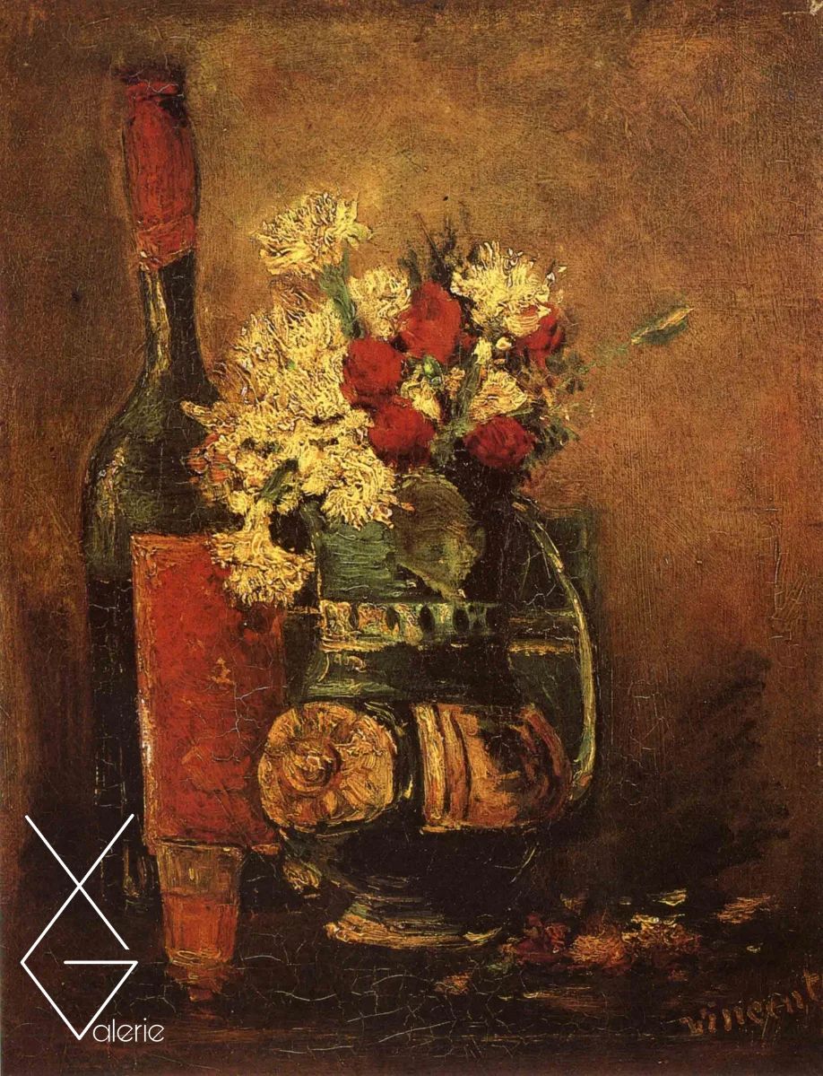Tranh Vase With Carnations And Roses And A Bottle - 1886 - “ Bình hoa cẩm chướng và hoa hồng cạnh một cái chai thủy tinh ” - Vincent Willem Van Gogh