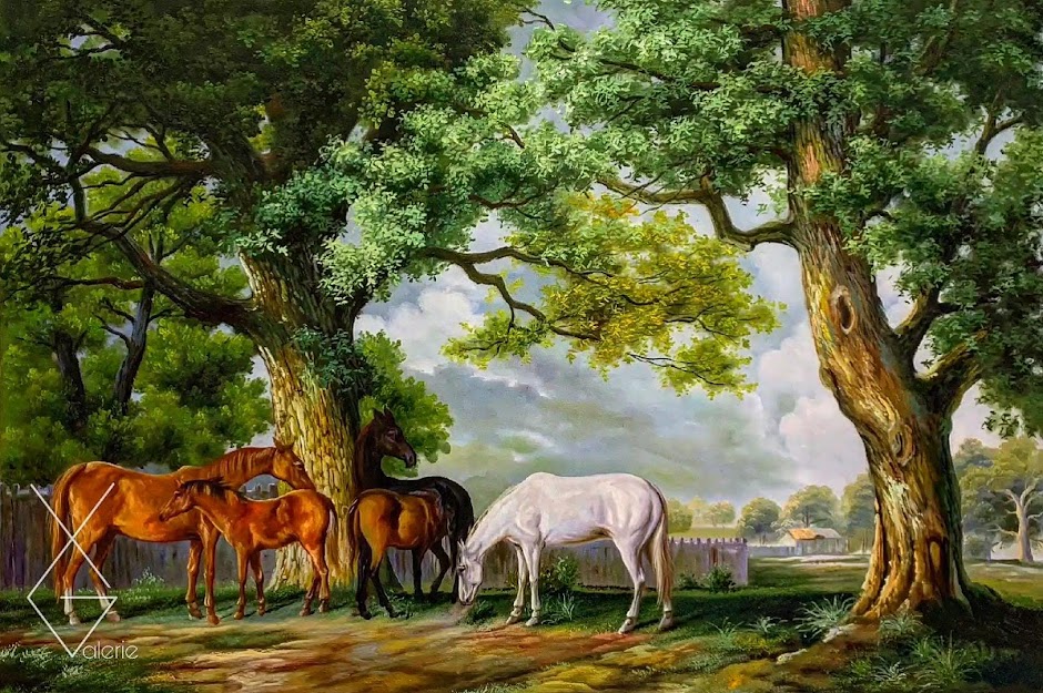 Tranh Mares an Foals in a Wooded Landscape - George Stubbs