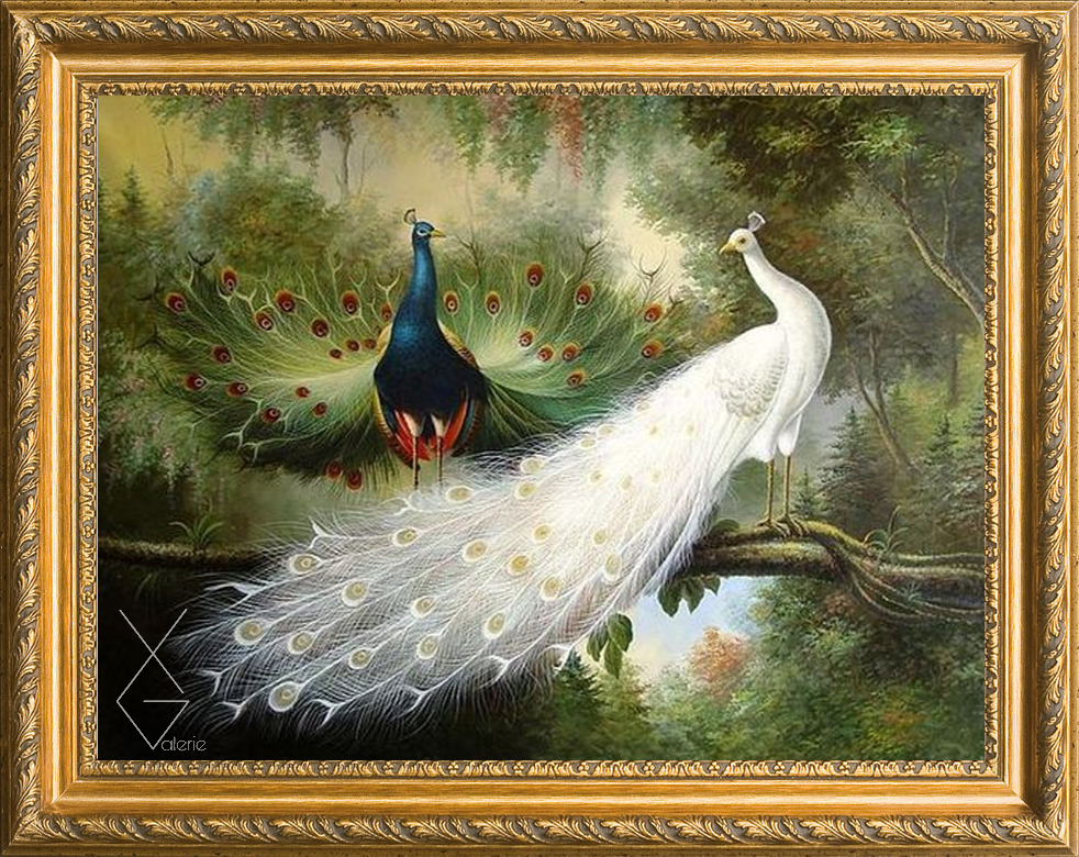 Tranh sơn dầu lãng mạn - Đôi chim Khổng Tước