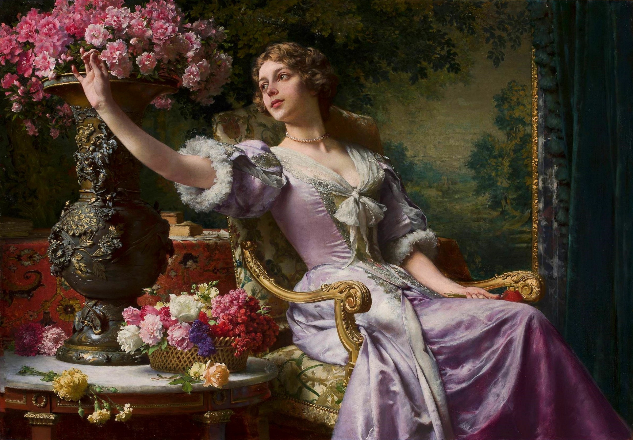 Tranh sơn dầu cổ điển A lady in a lilac dress with flowers. For him - Wladyslaw Czachorski