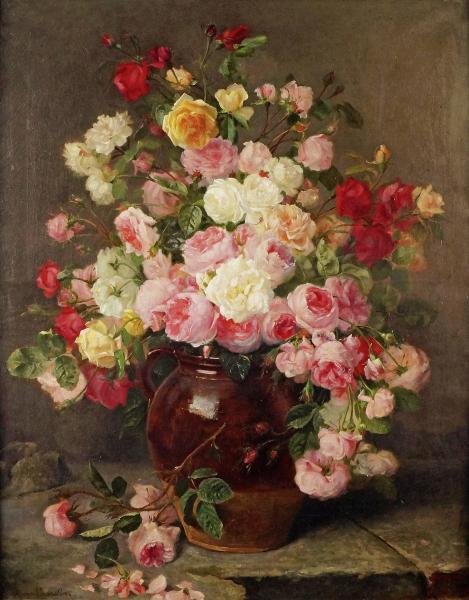 Tranh hoa sơn dầu Hortense DURY-VASSELON - GRAND VASE DE ROSES - Huile sur toile
