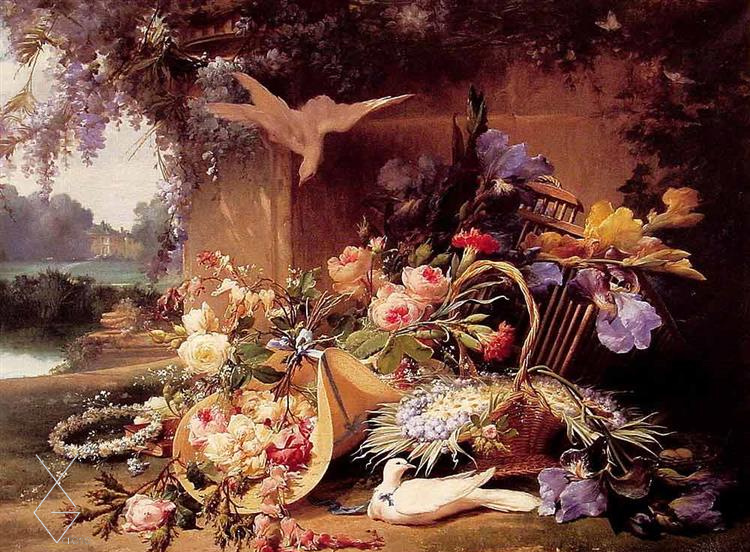 Tranh Elegant Still Life with Flowers - Sự tĩnh lặng, thanh lịch với loài hoa - Eugene Bidau