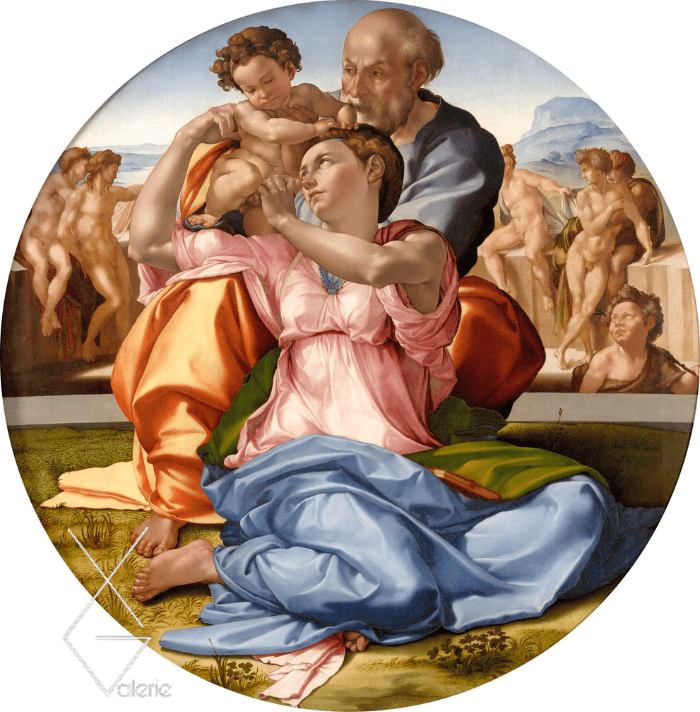 Tranh Holy Family with the Infant St. John (Doni Tondo) - 1504 - Gia đình Thánh với đứa trẻ sơ sinh Thánh John Baptist (Doni tondo) - Michelangelo Buonarroti