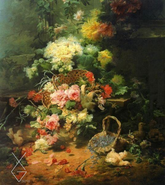 Tranh Still Life with Flowers and Playful Chicks - Thế kỷ XIX - Eugene Bidau