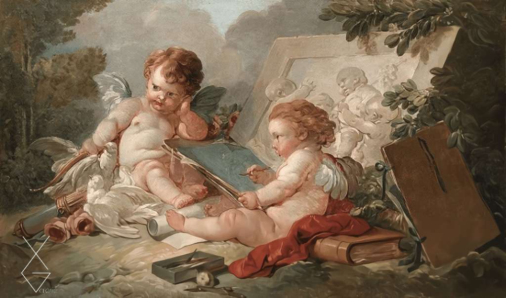 Tranh A winged putto sketching Cupid, by a bas-relief of children playing, in a landscape - Francois Boucher