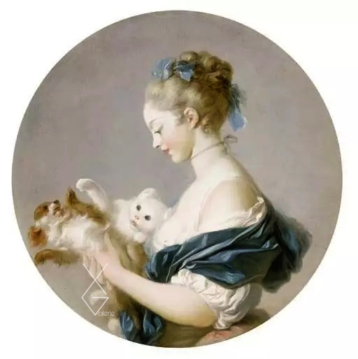 Tranh Girl playing with a dog and a cat - said to be a Portrait of Marie-Madeleine Colombe - Cô gái chơi với một con chó và một con mèo - Jean-Honoré Fragonard