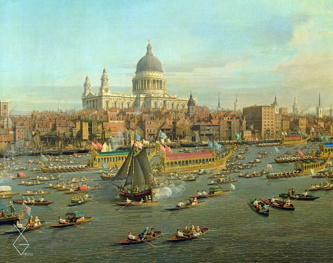 Tranh The River Thames with St. Paul's Cathedral on Lord Mayor's Day, detail of St. Paul's Cathedral - 1747-1748 - Giovanni Antonio Canal